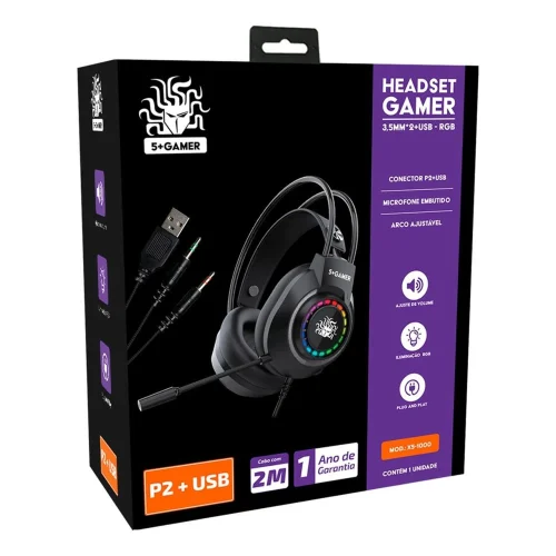 Headset Gamer RGB 5+ X5-1000 P2 + USB com Microfone e Cabo de 2 Metros